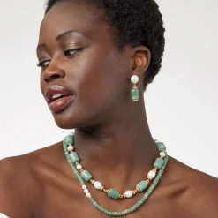Karavas Gems Large-Bead Aventurine and Pearl Necklace and Drop Earrings Set